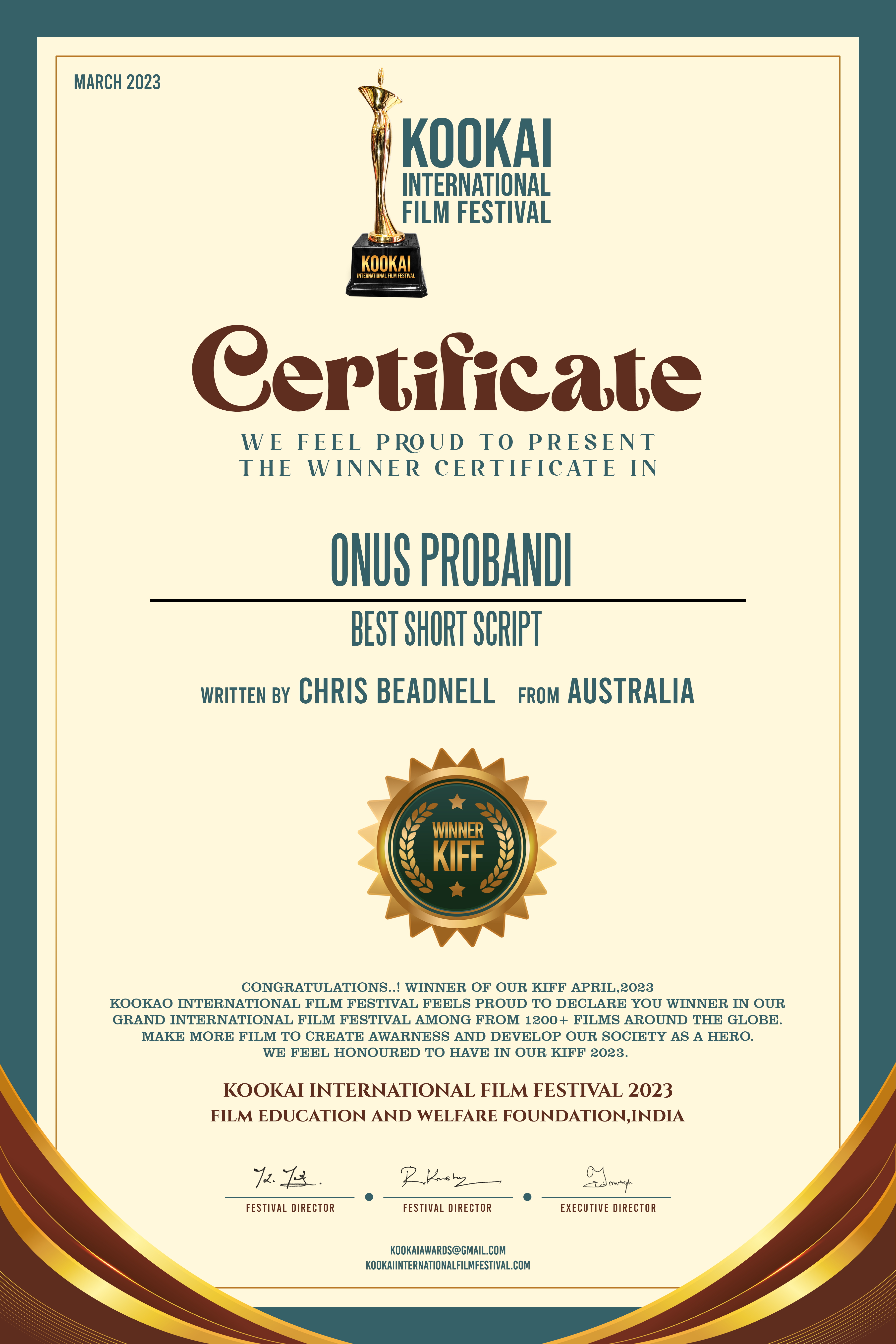 Kookai International Film Festival Certificate